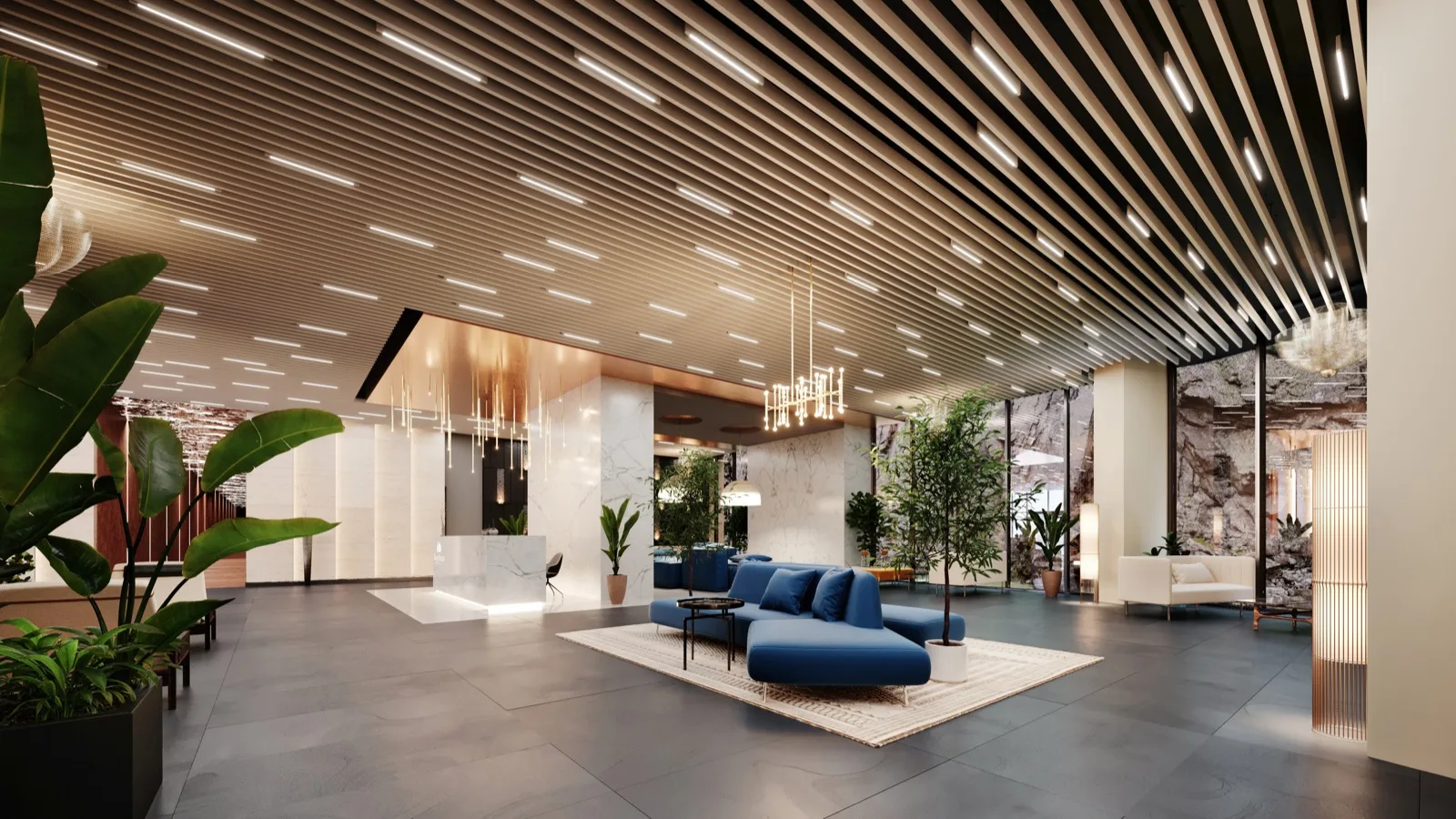 Kings Garden Hotel and Residences lobby with sculptural blue seating