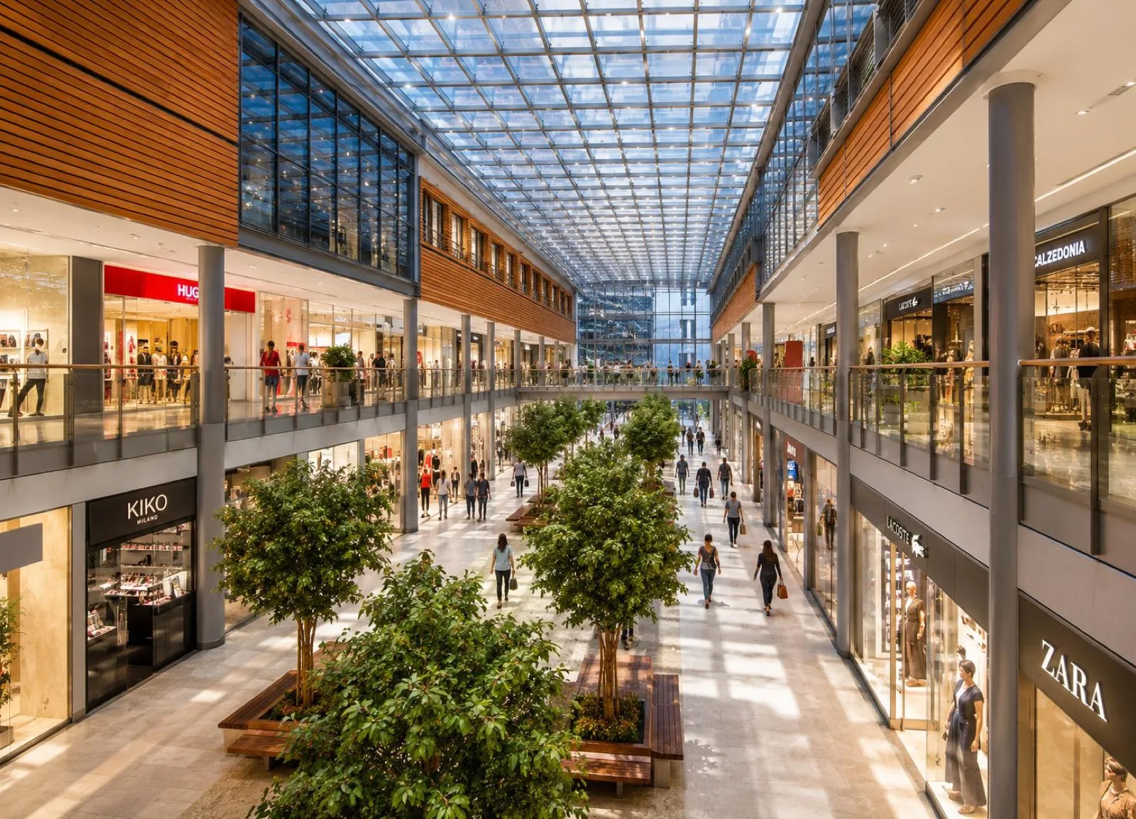 Premium shopping mall atrium with gold feature sculpture
