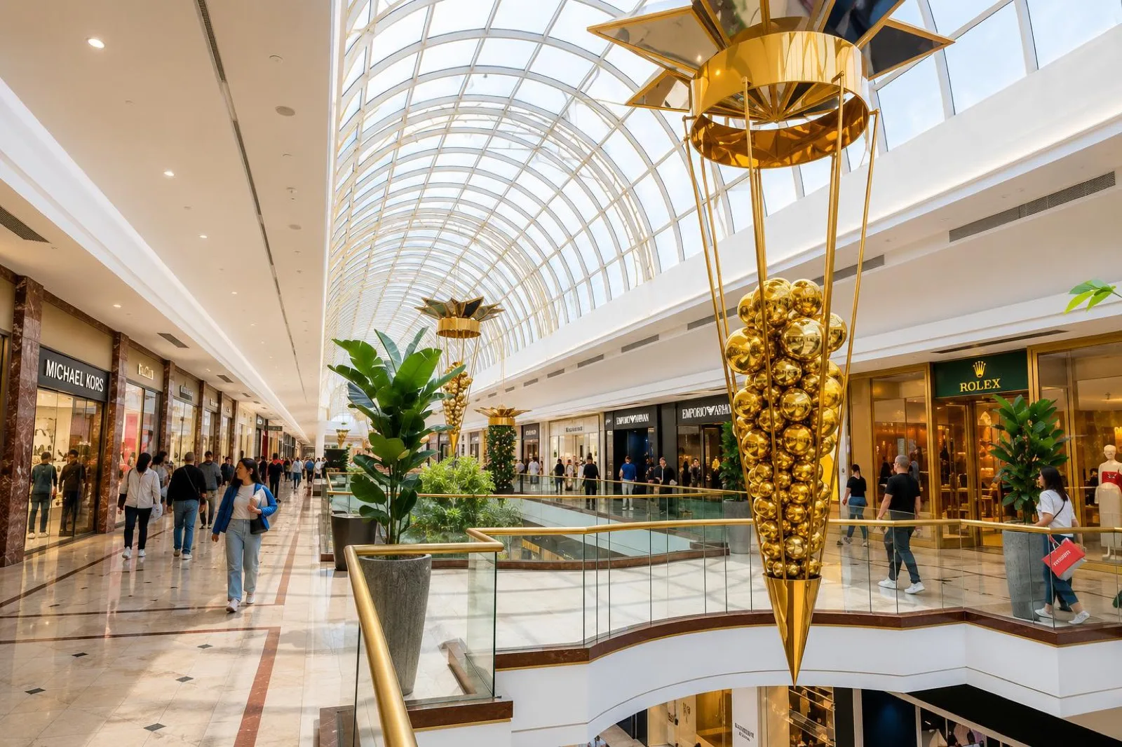 Glass-roofed retail galleria with landscaped walkways